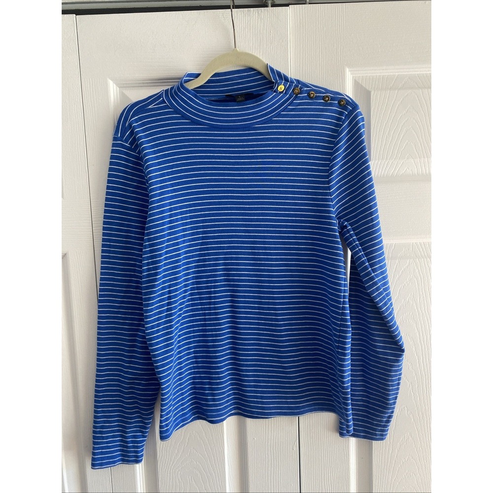 J Crew Womens Large Blue Striped Long Sleeve‎ Gold Button Black Label